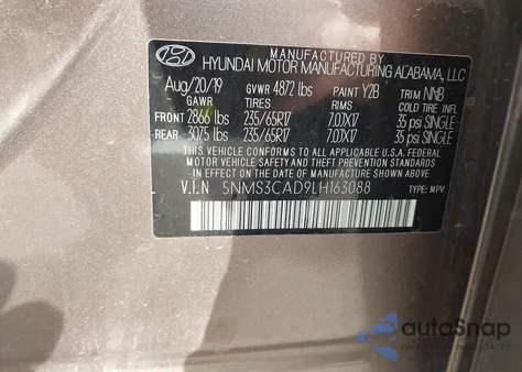 2020 Hyundai Santa Fe Sel z USA, uszkodzony, nr VIN 5NMS3CAD9LH163088